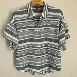 Vince Camuto Navy and White Striped Ruffle Sleeve Size Small